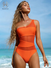 One Shoulder Mesh Patchwork Swimsuit