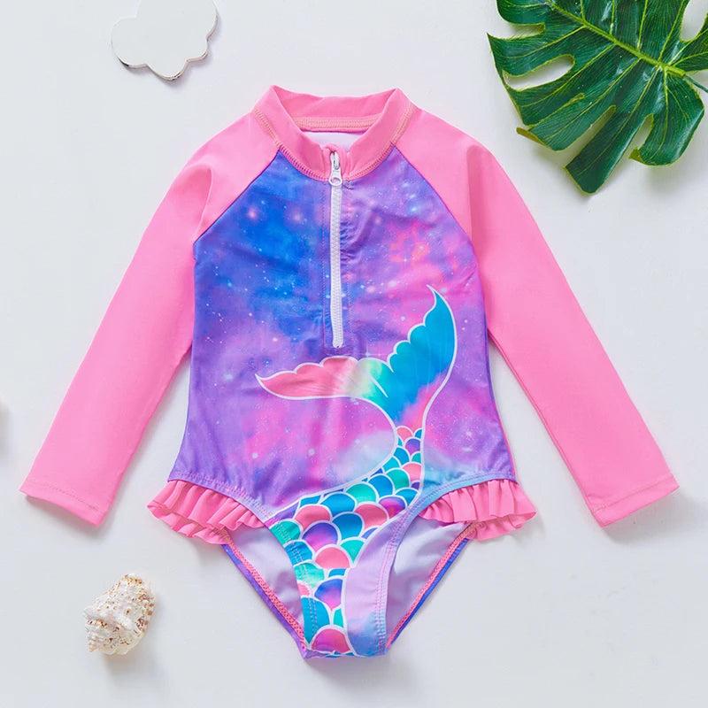 Girls' Long Sleeve Rash Guard Swimsuit with Ruffle Trim